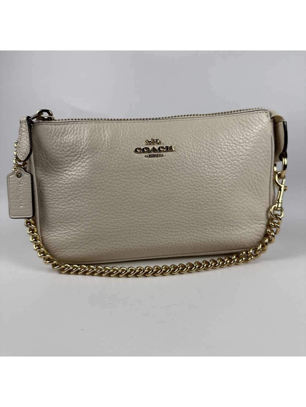 Coach Nolita 19 Mini Bag Chalk White Pebble Leather Gold Chain Wristlet Clutch